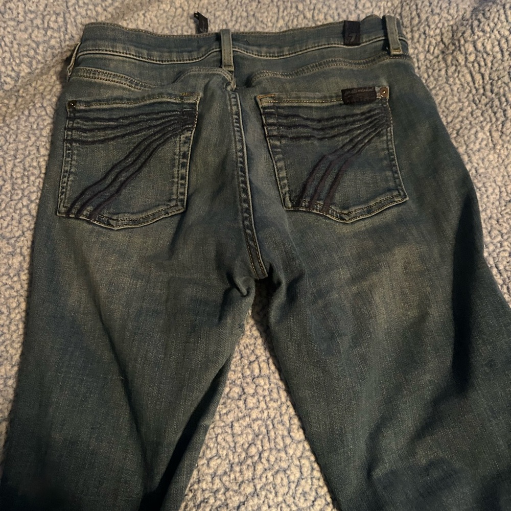 7 For All Mankind Women's Faded Blue Flare Jeans with Back Pocket Stitching